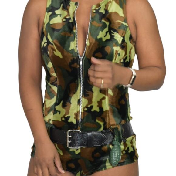 Lip Service Romper Green Vintage One Piece Furry Plush Bodysuit Camo Size Small - Picture 10 of 15